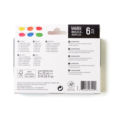 Coffret acrylique Liquitex Basics - 6x22ml - Fluorescents [dos de l'emballage]