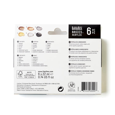 Coffret acrylique Liquitex Basics - 6x118ml - Métalliques & Iridescents [dos de l'emballage]