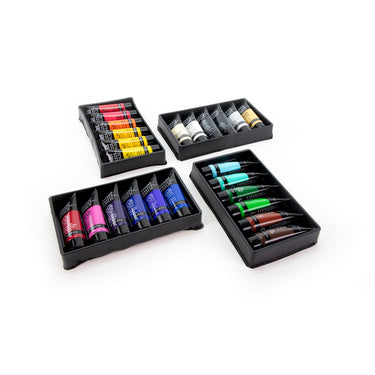 Coffret acrylique Basics - 24x22ml disposés en 1 plateaux noirs, montrant les couleurs du coffret