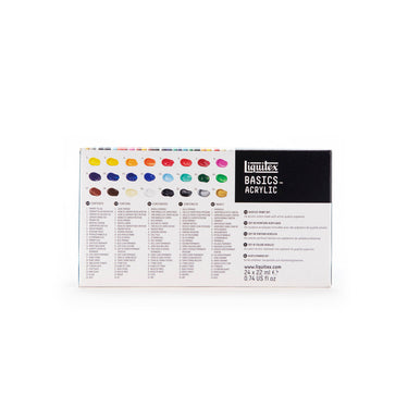 Coffret acrylique Liquitex Basics - 24x22ml [dos de l'emballage]