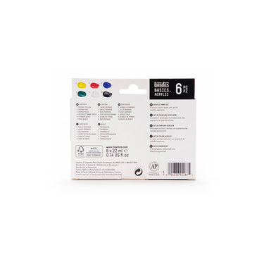 Coffret acrylique Liquitex Basics - 6x22ml - Couleurs Primaires [dos de l'emballage]