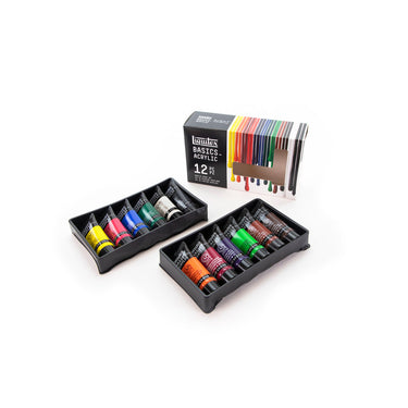 Coffret acrylique Basics - 12x22ml disposés en 2 plateaux noirs, montrant les couleurs du coffret