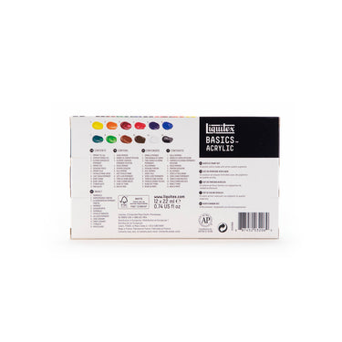 Coffret acrylique Liquitex Basics - 12x22ml [dos de l'emballage]