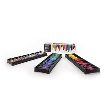 Coffret acrylique Basics - 36x22ml disposés en 3 plateaux noirs, montrant les couleurs du coffret