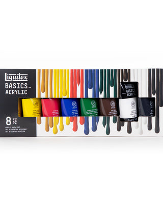 Gros plan du coffret Liquitex Acrylique Basics - 8x75ml sur fond blanc