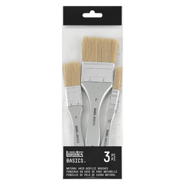 Gros plan du coffret Liquitex Pinceaux Basics - 3 Pinceaux poils naturels sur fond blanc