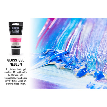 gros plan du produit Médiums Basics, Gel Medium Brillant avec superposition de texte mettant en évidence certains des USPS du produit