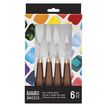 Gros plan du coffret Liquitex Basics de couteaux à peindre en métal x6 sur fond blanc
