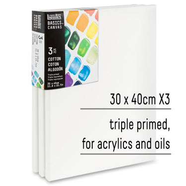gros plan du produit 3 châssis coton, 30 x 40 cm avec superposition de texte mettant en évidence certains des USPS du produit