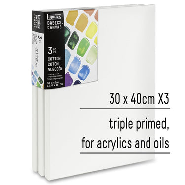 gros plan du produit 3 châssis coton, 30 x 40 cm avec superposition de texte mettant en évidence certains des USPS du produit