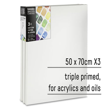gros plan du produit 3 châssis coton, 50 x 70 cm avec superposition de texte mettant en évidence certains des USPS du produit