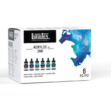 gros plan de la boîte Coffret Encres Acrylique Coffret - 6x30ml - Couleurs Aqua prise sous un angle