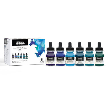 Coffret Encres Acrylique, 6x30ml, Couleurs Aqua gros plan des produits sortis de la boîte à côté du coffret