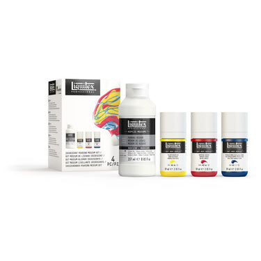 Coffret  acrylique Soft Body + Médium de lissage (pouring) Iridescent gros plan des produits sortis de la boîte à côté du coffret