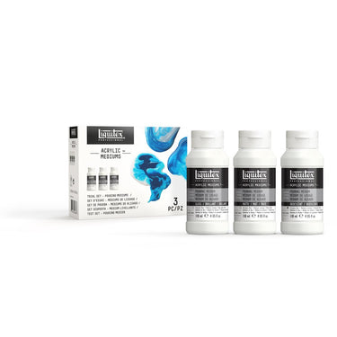 Coffret d'essai médiums acryliques, Pouring 3x118 ml gros plan des produits sortis de la boîte à côté du coffret