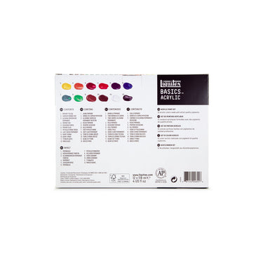 Coffret acrylique Liquitex Basics - 12x118 ml [dos de l'emballage]