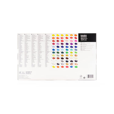 Coffret acrylique Liquitex Basics - 72x22ml [dos de l'emballage]