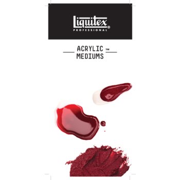 Visuel promotionnel Liquitex Professional Acrylic Mediums, montrant différentes textures et finitions de médiums acryliques rouges : brillant, fluide, et mat texturé, sur fond blanc avec logo de la marque en haut.