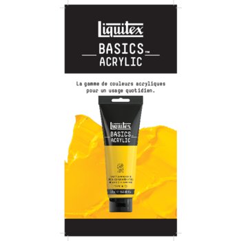 Affiche publicitaire de la peinture acrylique Liquitex BASICS, présentant un tube de couleur jaune vif sur un fond de peinture étalée. Slogan en haut : "La gamme de couleurs acryliques pour un usage quotidien."