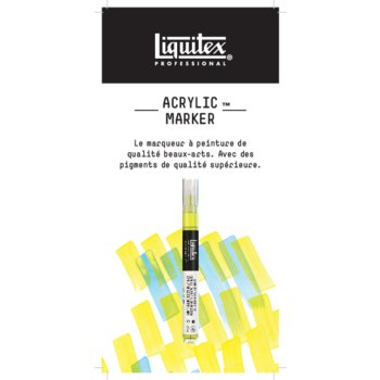 Affiche du marqueur acrylique professionnel Liquitex montrant un marqueur à peinture jaune avec des traits bleus et jaunes en arrière-plan. Texte : Le marqueur à peinture de qualité artistique. Avec des pigments de qualité supérieure. 