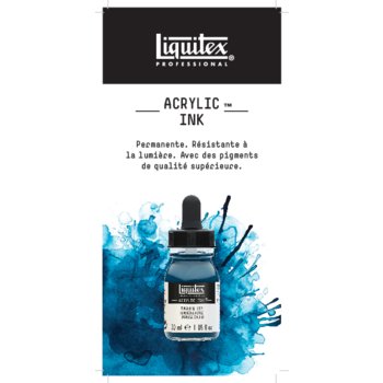 Visuel Liquitex Professional Acrylic Ink montrant une bouteille d’encre acrylique bleue avec pipette, sur un fond de projections de couleur bleue. Texte : “Permanente. Résistante à la lumière. Avec des pigments de qualité supérieure.”